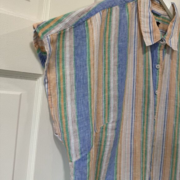 Talbots Linen Top XL Multicolored Stripe Tie Front Cap Sleeve Oversized Button - Picture 5 of 10